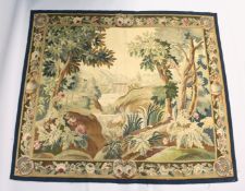 A GOOD BRUSSELS NEEDLEWORK TAPESTRY PICTORIAL WALL HANGING. depicting a river landscape with