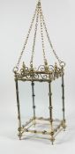 A VERY GOOD BRONZE SQUARE HALL LANTERN with urn finials, glass panels and hanging chain.