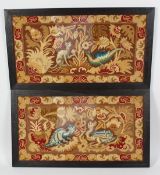 A PAIR OF 19TH CENTURY GROS POINT CHINOISERIE DESIGN EMBROIDERY, framed and glazed. 24ins x 13ins.
