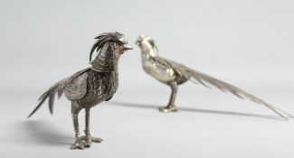 A PAIR OF SPANISH SILVER PHEASANT TABLE PIECES. 10ins long.