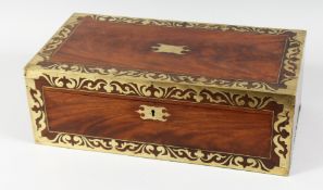 A GOOD 19TH CENTURY MAHOGANY AND BRASS INLAID WRITING DESK with fitted interior and velvet writing