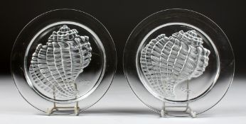 A PAIR OF LALIQUE 1972 SHELL PLATES. 8ins diameter.