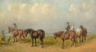 19TH CENTURY ENGLISH SCHOLL. Figures moving horses in an open landscape, oil on board, 8