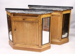 A PAIR OF 19TH CENTURY SATIN BIRCH CHIFFONIERES by HOLLAND & SONS, with marble tops, single drawers,