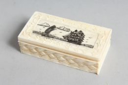 A HAND CARVED BONE BOX with ocean scenes. 2.25ins long