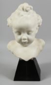 A GOOD ITALIAN CARVED WHITE MARBLE BUST OF A CHILD. 11ins high.