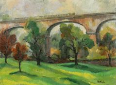 HALL. 20th Century British School, a view of a viaduct in Wales, oil on canvas. signed, 18