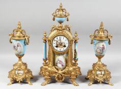 A GOOD 19TH CENTURY FRENCH GILDED METAL THREE PIECE GARNITURE with painted porcelain panels. Clock