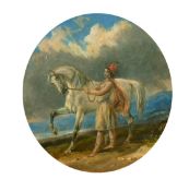19TH CENTURY. A roundel of a male figure and his horse in a landscape, oil on board. Indistinctly
