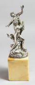 A SUPERB SILVER GROUP OF A CLASSICAL SCENE, TWO MEN AND A NUDE. 10ins high on a marble base.