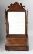 A GOOD 18TH CENTURY WALNUT TOILET MIRROR, with folding mirror, 14ins x 10ins on a base with fall