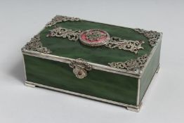 A SUPERB RUSSIAN SILVER AND JADE JEWEL BOX with Russian eagle and precious stones supported on