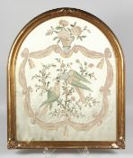 A GOOD GEORGIAN GILT FRAMED AND GLAZED SILKWORK PICTURE, doves and garlands. 23ins x 19ins.