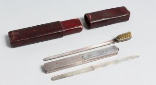 A RARE GEORGE III SILVER TOOTHBRUSH AND PICK in a leather case. Maker W. P.