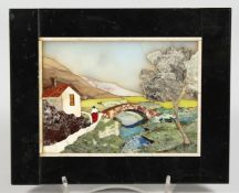 A SMALL ITALIAN PIETRA DURA PLAQUE depicting a cottage in a mountainous landscape with a figure by a