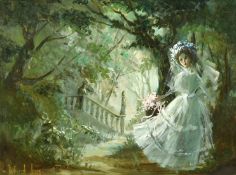 DEBORAH JONES. (1921-2012) British. A young bride in a moonlit woodland trail, oil on board, Signed,