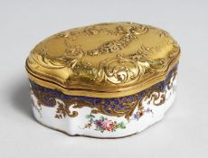 A SUPERB 18TH CENTURY PORCELAIN SNUFF BOX with blue and gilt decoration, garlands with a gold top,
