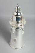 A SILVER PLATED LIGHTHOUSE COCKTAIL SHAKER.