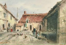 SARAH LOUISE KILPACK (1839-1909) British, figures and chickens in a courtyard, oil on board,.