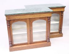 A VERY GOOD PAIR OF 19TH CENTURY MAHOGANY CHIFFONIERES with marble top, long drawers, a pair of