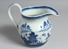 A CHINESE BLUE AND WHITE PORCELAIN JUG decorated with a landscape scene with boats and buildings.