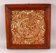 A LARGE 16TH CENTURY HISPANO - MORESQUE COPPER LUSTRE POTTERY TILE SECTION - the framed large tile