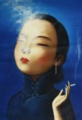 A GOOD CHINESE OIL PAINTED PORTRAIT ON CANVAS depicting a female figure smoking a cigarette. Image