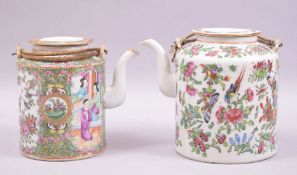 A CHINESE CANTON FAMILLE ROSE PORCELAIN TEAPOT, painted with panels of figures, birds, butterflies
