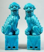 A PAIR OF CHINESE BLUE GLAZE PORCELAIN KYLIN FIGURES, 30.5cm high.