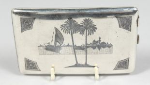 AN IRAQI NIELLO SILVER SIGNED CIGARETTE CASE, decorated with a river scene, 13cm x 8cm.