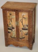 A CHINESE WOOD AND HARDSTONE ONLAID CABINET, the doors and sides decorated with figures, flora and