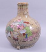 A LARGE UNUSUAL JAPANESE GLAZED POTTERY BULBOUS WINE VESSEL, the body with an unusual glaze and