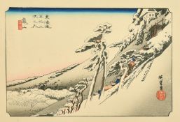 ANDO HIROSHIGE (1797-1858) Japan, figures carrying items up a snowy mountainside, woodcut, 6.5