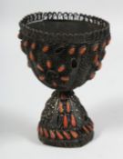 A FINE TURKISH OTTOMAN CORAL INSET WHITE METAL FOOTED CUP, 10.5cm high.