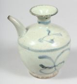 A CHINESE MING DYNASTY BLUE AND WHITE GLAZED POTTERY WINE EWER. 40.5cm high