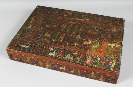 A VERY LARGE 19TH CENTURY INDIAN KASHMIRI LACQUERED WOOD BOX, with hinged lid, decorated with