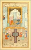AN INDIAN MINIATURE PAINTING depicting seated figures in an interior setting, the upper and lower