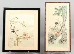 A CHINESE FRAMED PAINTING ON SILK, depicting a female figure beneath a tree, framed and glazed in