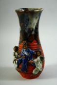 A JAPANESE SUMIDA POTTERY VASE, decorated with female figures in relief, 22cm high.