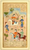 AN INDIAN MINIATURE PAINTING depicting figures on horseback in an outdoor setting, with