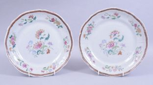 A PAIR OF 18TH CENTURY CHINESE QIANLONG FAMILLE ROSE PORCELAIN DISHES, moulded form with floral