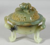 A GOOD CHINESE CARVED AND PIERCED JADE TRIPOD CENSER AND COVER, the cover with pierced foliate