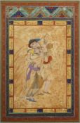 A PERSIAN PAINTED MINIATURE ON PAPER, the border with bands of calligraphy and fine gilt foliate