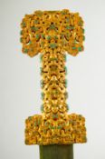 A CHINESE ARCHAIC-STYLE SHORT SWORD with gilded openwork handle inset with turquoise stones. 67cm