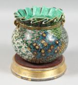 A CHINESE FAMILLE VERTE PORCELAIN POTPOURRI VASE moulded as a fabric sack, with rope-tie relief