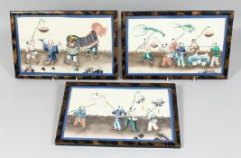 THREE CHINESE FRAMED PITH PAINTINGS, each depicting figures in a ceremonial procession, framed and