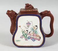 A LARGE CHINESE YIXING TEAPOT, each side glazed and with famille rose children, the base with an
