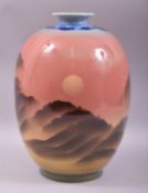 A LARGE JAPANESE PORCELAIN OVOID VASE, the body painted with an atmospheric sunset landscape, 33cm
