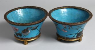 A SMALL PAIR OF JAPANESE BLUE-GROUND CLOISONNE JARDINIERES, the exteriors decorated with birds and