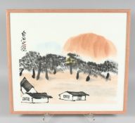 ATTRIBUTED TO QI BAISHI, A PAINTING ON PAPER depicting a landscape scene with buildings and trees,